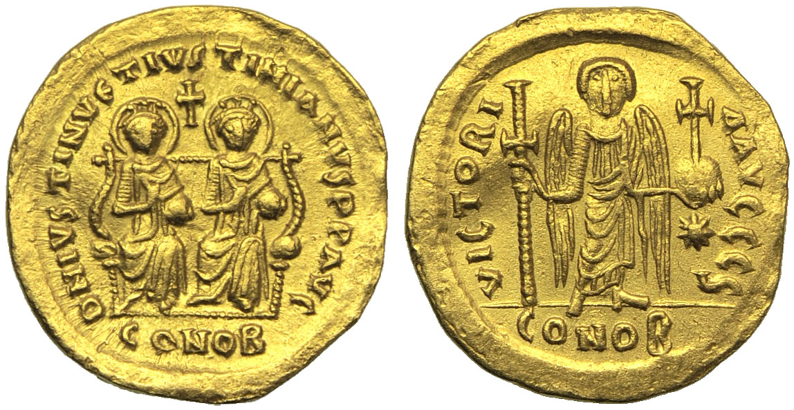 Solido di Giustino I e Giustiniano I (527) con la raffigurazione della Vittoria definitivamente trasformata in Angelo (oro, g 4,35; mm 20; h 6)