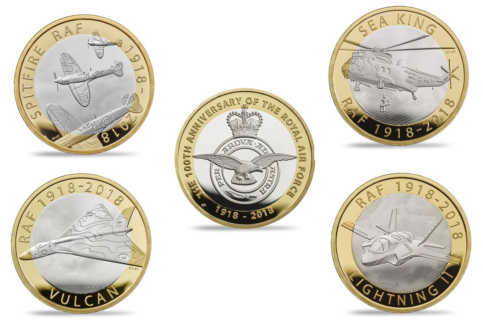 Ecco i rovesci delle cinque monete per i 100 anni della RAF; al dritto, come sempre, l'inossidabile regina Elisabetta II