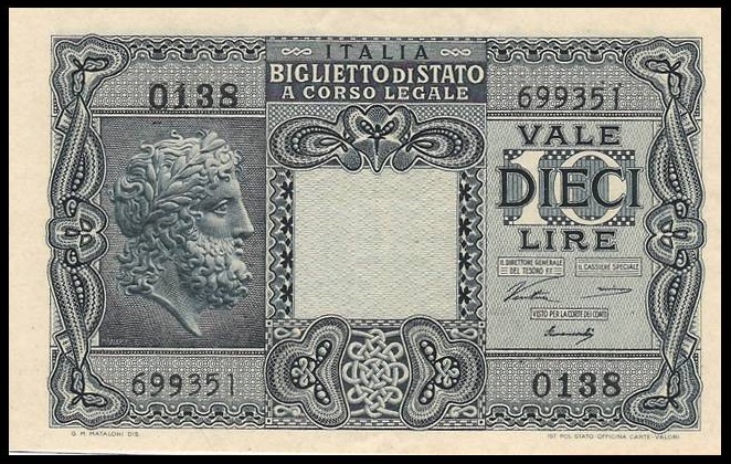 Il fronte della versione definiva del biglietto di Stato da 10 lire