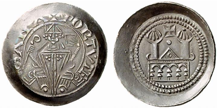 Eccezionale esemplare del denaro di Latisana (argento; mm 22; g 1,14) a nome di Meinhard II (1186-1232) e Engelbert III (1186-1220) Eppenstein, conti di Gorizia. Al D/ si legge +PORTVTE | SANA. Esemplare ex asta Lanz 145 del 2009, n. 148