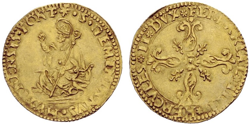 Ercole II d'Este, 1534-1559. Scudo d'oro del sole senza data con al dritto san Geminiano con gli attributi da vescovo e benedicente