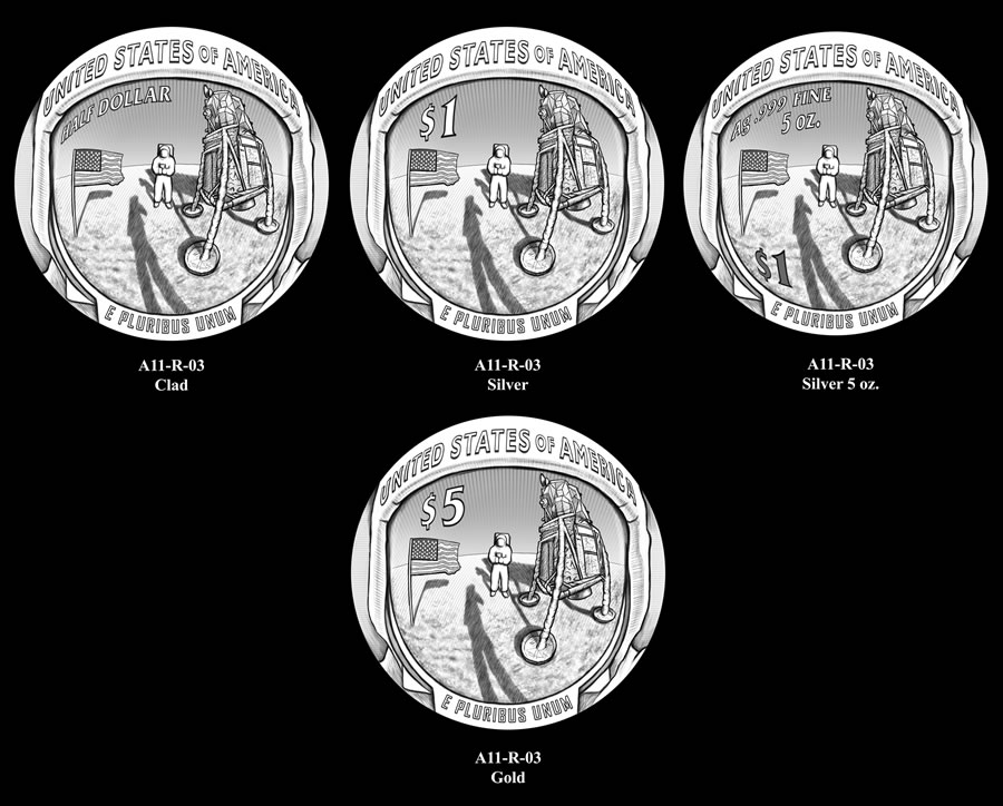 Le monete del 50° dell'uomo sulla Luna con le quattro denominazioni previste