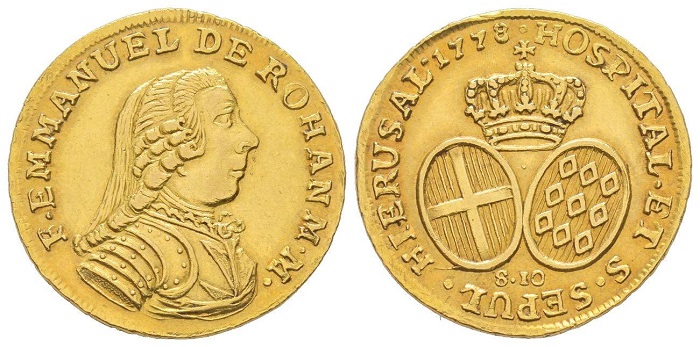 Dieci scudi in oro del 1778 a nome del Gran Maestro Emmanuel de Rohan (1775-1797)