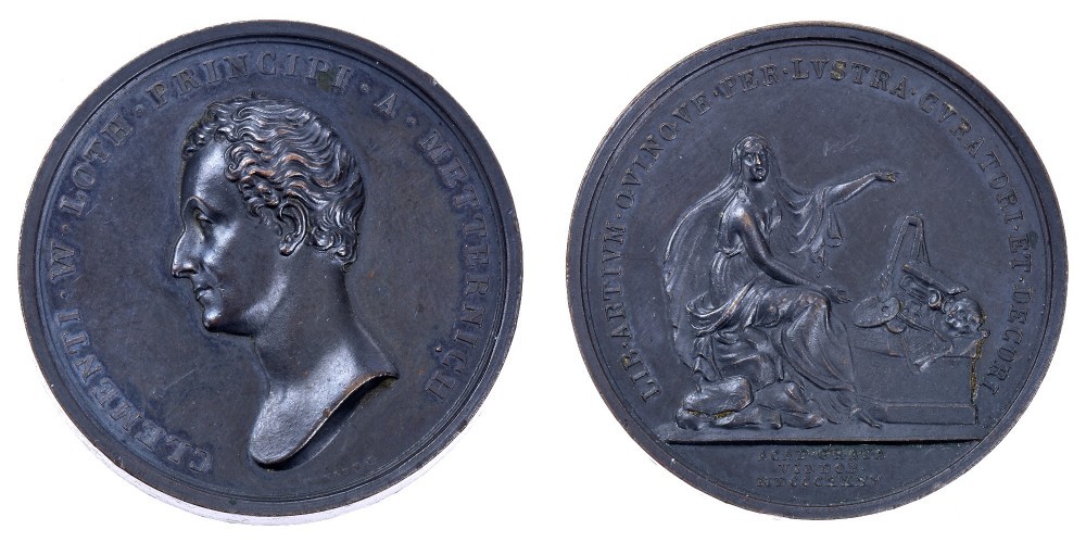 Fig. 3. 1835. Luigi Pichler, Metternich. 25° anniversario dell’incarico di curatore dell’Accademia di Belle Arti di Vienna (AE, mm 44; Venezia, Museo Correr, cl. XXXIX, n. 2690)