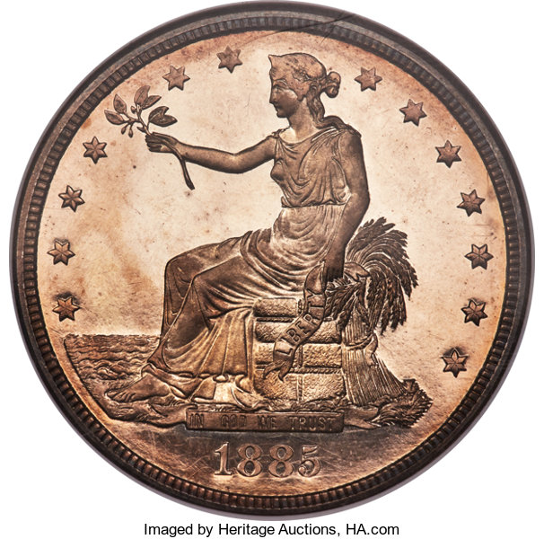 Il dritto del magnifico "trade dollar" del 1885 che ha spuntato 3,96 milioni all'asta