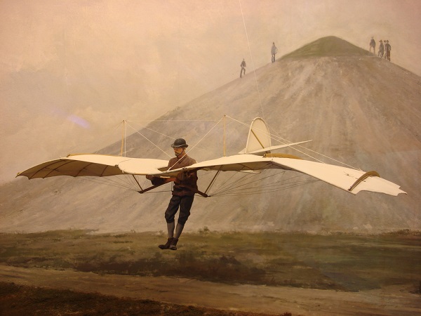 Otto Lilienthal in un dipinto che ne ritrae l'atterraggio dopo una planata dal fianco di una collina