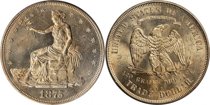 Il dollaro commerciale in versione a stelle e strisce millesimato 1875