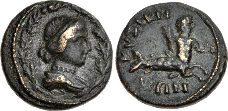 Moneta semi autonoma di Cyzicus coniata nel periodo di Antonino Pio-Marco Aurelio, 138-161 d.C. (bronzo, mm 18, g 4,33). al D/ Busto drappeggiato di Kore Soteira a destra, con diadema e collana, con corona d'alloro. Al R/ KYZIKH-NΩN, Tritone che nuota verso destra con in mano timone e delfino