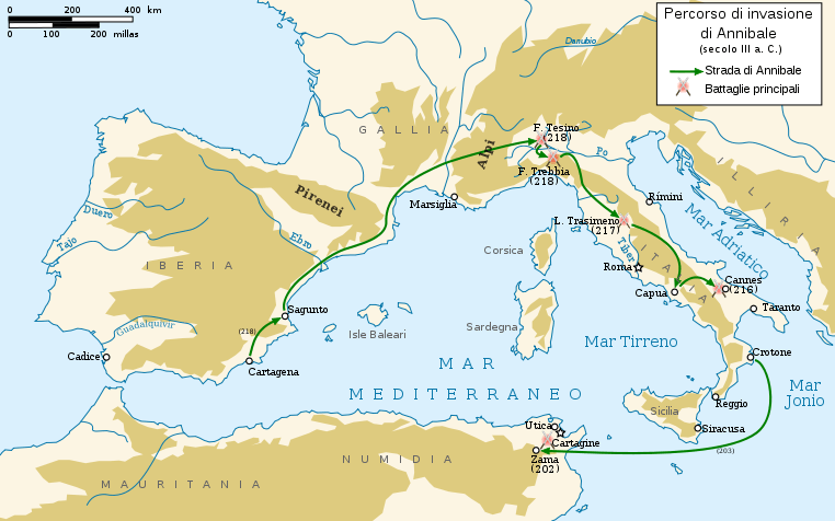 Il percorso di invasione dell'Italia da parte di Annibale con le principali tappe compiute nella seconda metà del III secolo a.C.