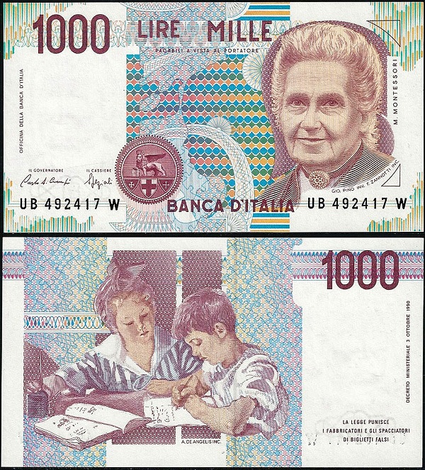 Le mille lire Maria Montessori, fronte e retro all'insegna di colori delicati e di una composizione grafica ineccepibile