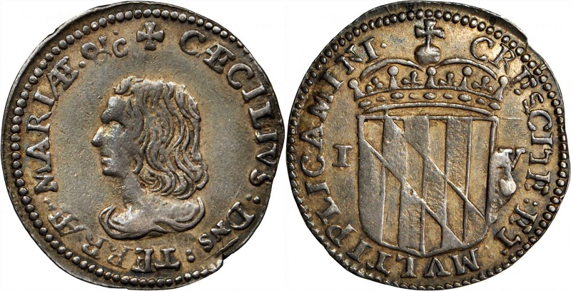 Una delle monete coloniali del Maryland: il "groat" in argento del 1659 con ritratto di lord Baltimore. Si tratta di un esemplare di grande rarità