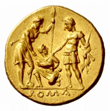 Lo statere del giuramento, rovescio: Romani e alleati italici sugellano con un sacrificio animale il patto di alleanza contro Cartagine