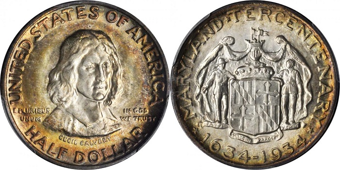 Il bel mezzo dollaro commemorativo dedicato dagli USA, nel 1934, al terzo centenario dalla fondazione del Maryland: al dritto Cecil Calvert, ossia Lord Baltimore