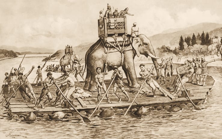 Illustrazione in cui si può ammirare uno degli elefanti, terribili macchine da guerra impiegati da Annibale, mentre attraversa un corso d'acqua su una zattera