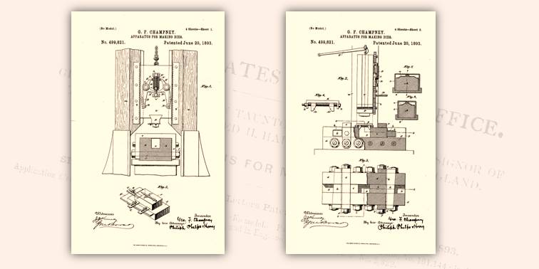 Progetto generale del macchinario per produrre nuovi conii a partire da monete coniate: prime due tavole allegate al brevetto USA del 1893