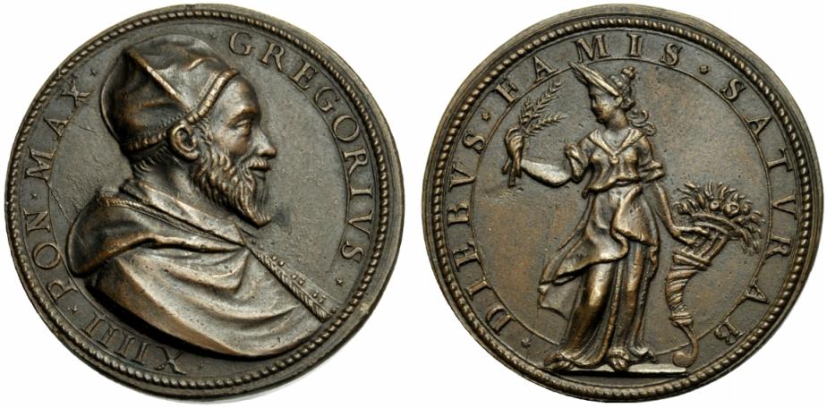 L'Annona in piedi al rovescio di questa bella medaglia in bronzo (mm 34) a nome di Gregorio XIV