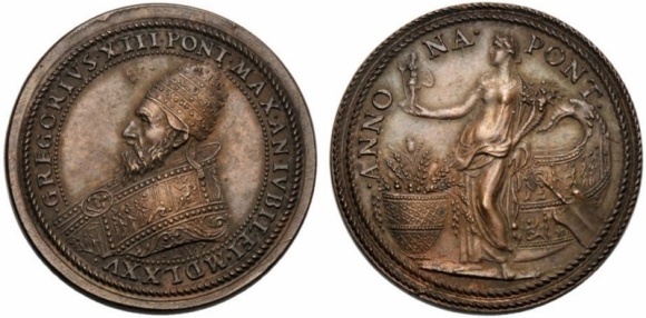 Anche Gregorio XIII Boncompagni fa rappresentare su questa medaglia in bronzo (mm 33) un'Annona derivata dalla numismatica imperiale romana