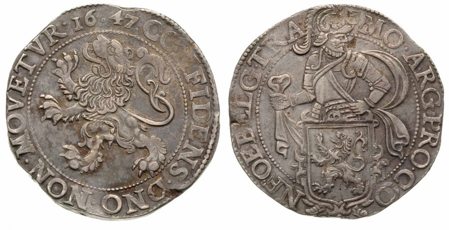 Il "tallero del leone" in argento, una delle monete olandesi più diffuse. Qui un esemplare coniato ad Utrecht nel 1647 (mm 41,5 per g 27,1)