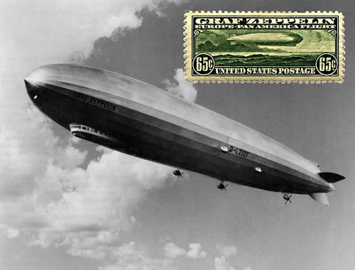 Cartolina con francobollo USA che celebra il primo volo transatlantico del "Graf Zeppelin" dall'Europa alle Americhe