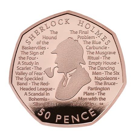 Quattro monete per Sherlock Holmes: il rovescio con i titoli dei capolavori di Conan Doyle e il profilo del celebre personaggio letterario da lui creato