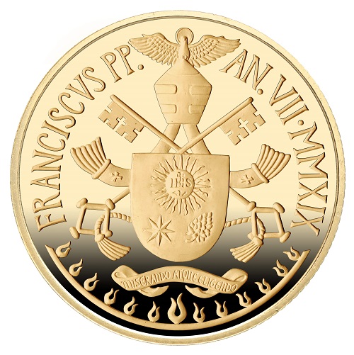 L'originale versione dello stemma di papa Francesco creata da Orietta Rossi per i 100 euro vaticani