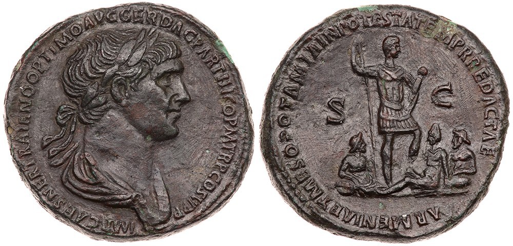 Uno splendido esempio di sesterzio in bronzo dell'epoca di Traiano (questo es. risale al 116-117, mm 33 per g 25,45)