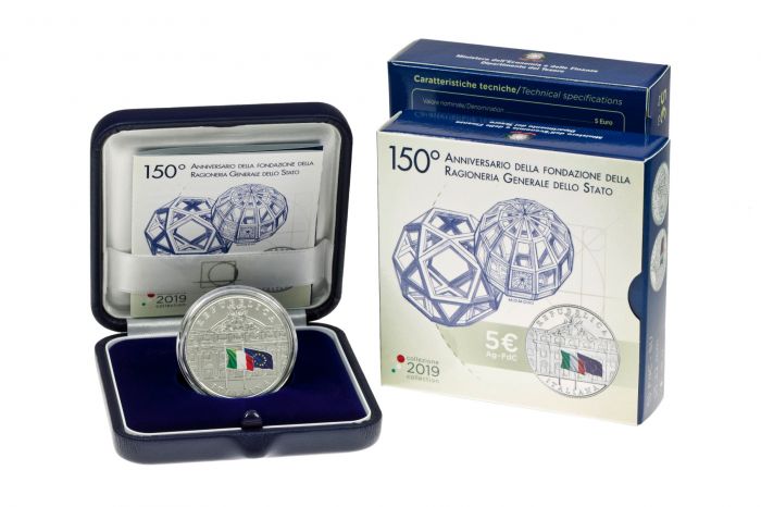 Uno dei due sold out IPZS dell'ultimo mese: la 5 euro in argento Fdc per i 150 anni della Ragioneria generale dello Stato