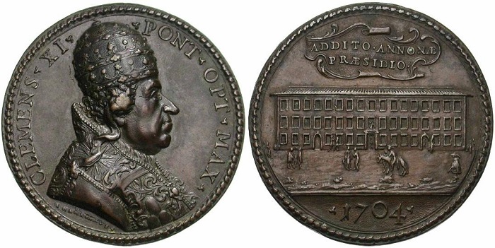 Lo stesso edificio, dal lato della facciata principale, in un'altra medaglia in bronzo (mm 51) del 1704