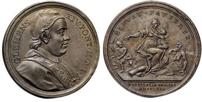 Allegoria della beneficienza pontificia e alle nuove politiche sui dazi su questa medaglia straordinaria in bronzo (mm 32) di Clemente XIV, anno I di pontificato