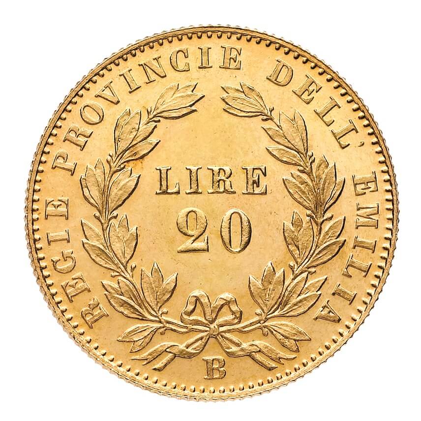 Il rovescio delle rarissime 20 lire 1860 delle Regie Provincie dell'Emilia