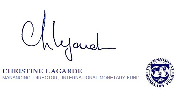 Specimen della firma di Christine Lagarde su un documento dell'IMF