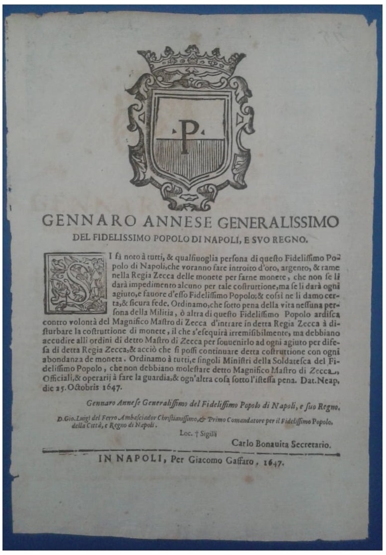 Bando del 25 ottobre 1647 a nome di Gennaro Annese per la raccolta di oro, argento e rame allo scopo di farne monete