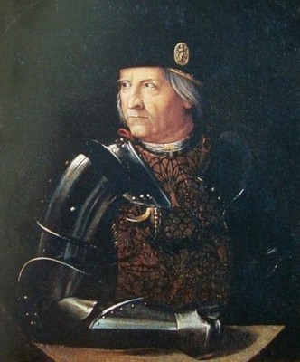 Ritratto di Ercole I d'Este, II duca di Ferrara, Modena e Reggio. Il duca indossa armatura e berretto con medaglia, come nella moneta Ritratto di Ercole I d'Este, II duca di Ferrara, Modena e Reggio. Il duca indossa armatura e berretto con medaglia, come nella moneta