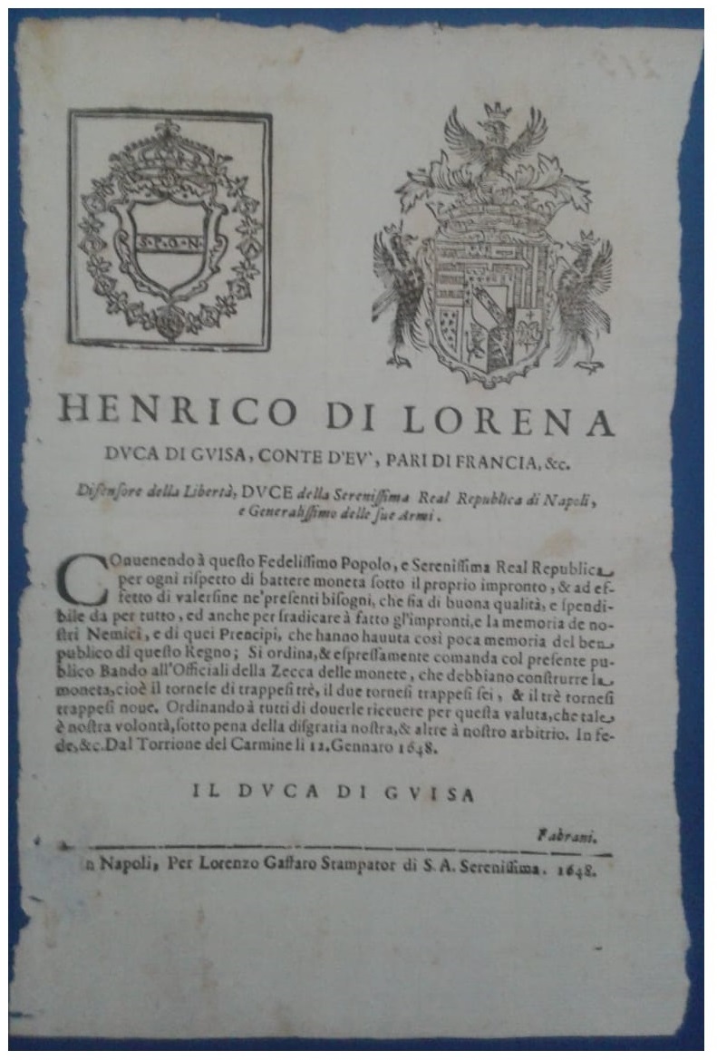 Bando del 12 gennaio 1648 a nome di Enrico di Lorena per la coniazoone delle monete in rame: il tornese, il grano e la pubblica