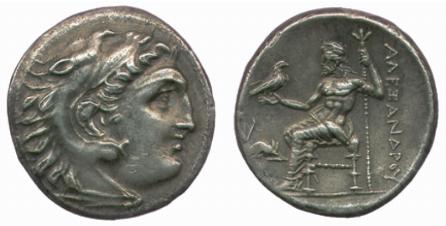 Lampsacus (Macedonia) – Dracma a nome di Alessandro Magno (310-301 a.C.) raffigurante il sovrano sotto le sembianze di Eracle e Zeus in trono (Ag mm 20 g 4,19)