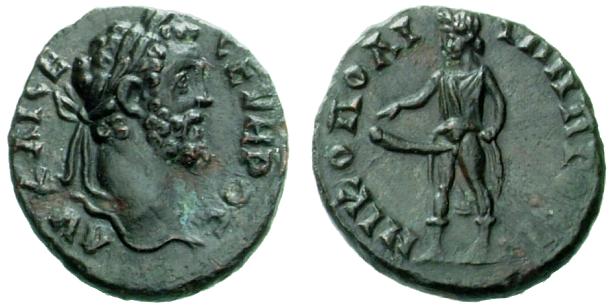 Nicopolis ad Istrum (Moesia) – Bronzo a nome di Settimio Severo (193-211 d.C.) raffigurante Priapo (mm 15 g 2,64)