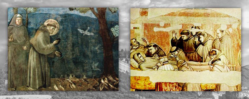 Due affreschi sulla vita di Francesco: la predica agli uccelli e il momento della sua morte, circondato dai confratelli Due affreschi sulla vita di Francesco: la predica agli uccelli e il momento della sua morte, circondato dai confratelli