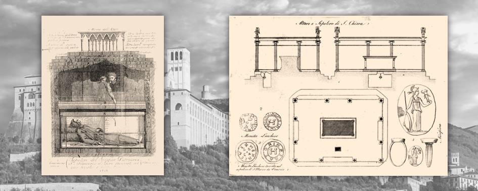 Due incisioni ottocentesche relative alla ricognizione del corpo di Franesco e agli oggetti rinvenuti nella sua tomba