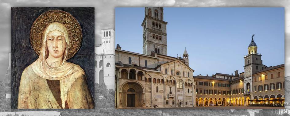 Giacoma dei Settesoli, discepola di Francesco, avrebbe deposto l'anello rinvenuto nella sua tomba; a destra la basilica di San Geminiano a Modena, altro sito in cui la tomba del santo patrono ha restituito reperti monetari di grande interesse