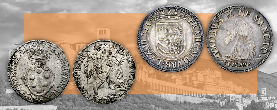 Dalla Firenze medicea alla zecca di Pesaro controllata dai Della Rovere, due esempi di rare monete in argento sulle quali la devozione francescana dei signori si trasforma in raccisurante iconografia numismatica Dalla Firenze medicea alla zecca di Pesaro controllata dai Della Rovere, due esempi di rare monete in argento sulle quali la devozione francescana dei signori si trasforma in raccisurante iconografia numismatica