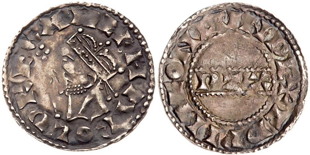 Un raro e bel penny del 1066 a nome di HArold II con l'iscrizione PAX sul rovescio e il ritratto coronato di profilo del re sul drito