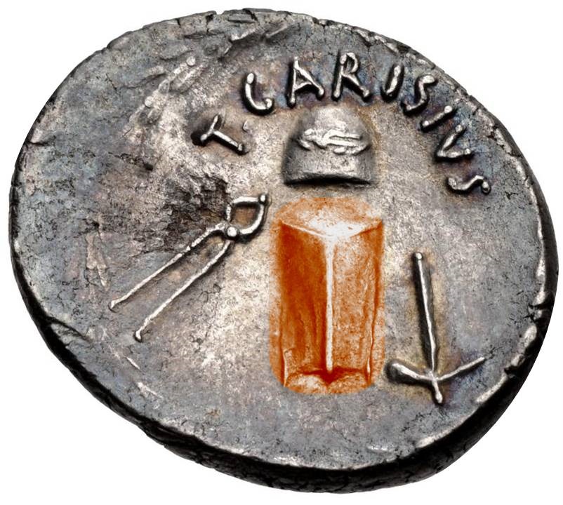 Decentrato, ma in alta conservazione, questo denario permette di evidenziare ogni dettaglio; in qquesto caso, l'incudine