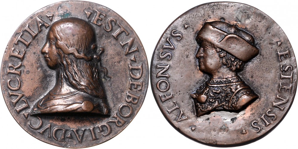 Medaglia anonima in bronzo (mm 55, g -) del 1502 con i ritratti di Lucrezia Borgia e Alfonso d'Este duca di Ferrara