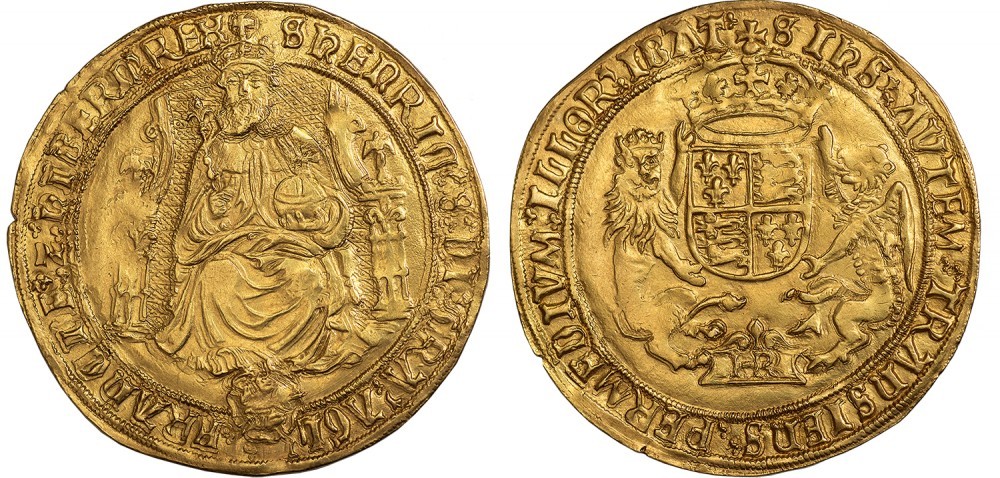 Sovrana in oro di Enrico VIII d'Inghilterra (oro, mm -, g 12,42) coniata con ritratto barbuto a figura intera del re al dritto dalla zecca di Southwark nel 1544-1547