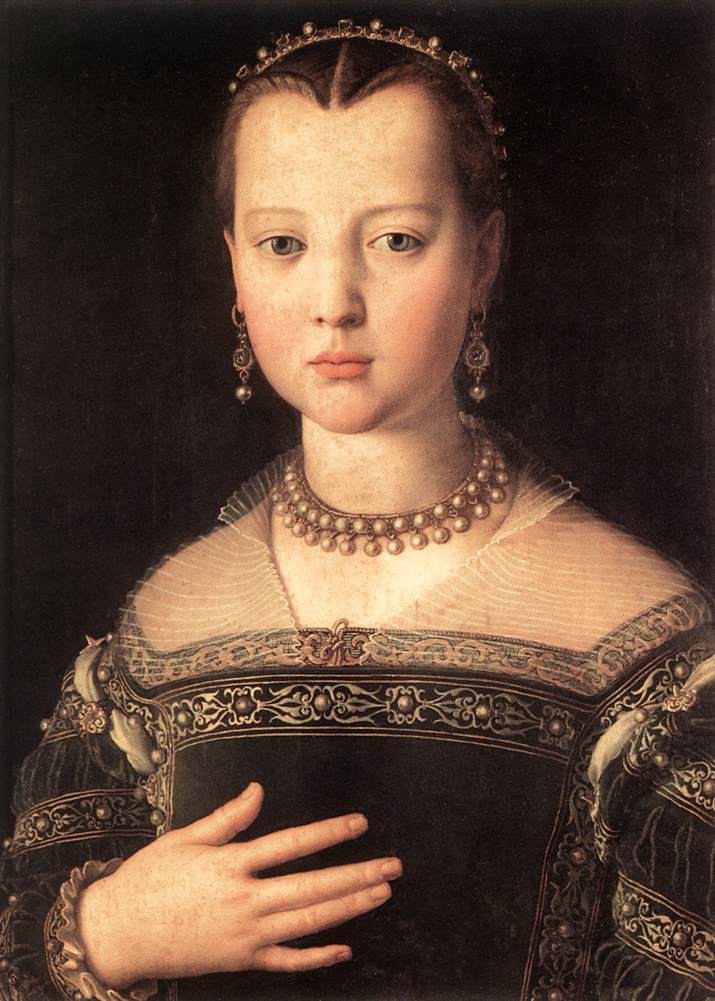 Una giovanssima e affascinante Maria de' Medici ritratta da Agnolo Bronzino nel 1551 (Galeria degli Uffizi, Firenze)