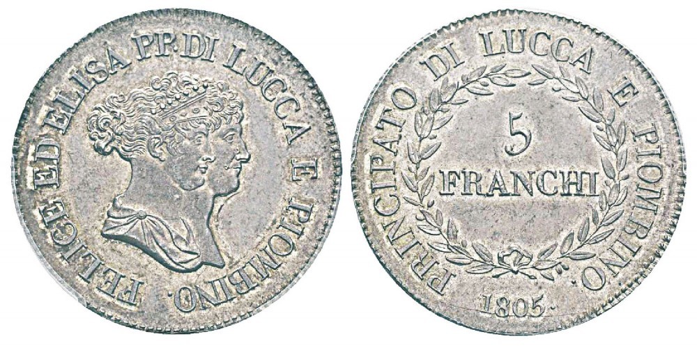 Scudo lucchese in argento (mm 37,5 gr 25) con i ritratti di Elisa Bonaparte e Felice Baciocchi (1805-1814)