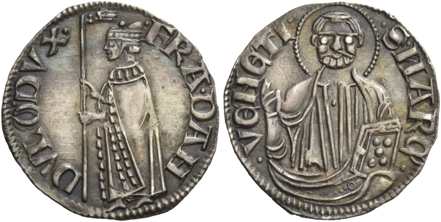 Francesco Dandolo doge LII, 1329-1339. Mezzo grosso o mezzanino, AR 1,13 g. .FRA.DAN – DVLO . DVX. Il doge stante a s., regge il vessillo con entrambe le mani. Rv. S MARC – VENETI Busto nimbato di S. Marco, di fronte, benedicente e con vangelo nella s. CNI 22. Paolucci 3. Raro. Spl