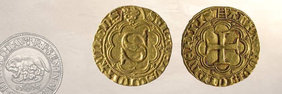 Sanese d’oro (mm 22) emesso, come testimonia il simbolo del biscione al dritto, durante la signoria milanese di Gian Galeazzo Visconti (1390-1404)