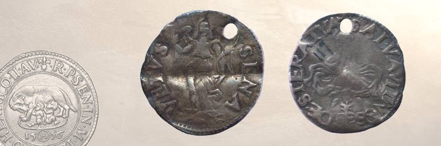 Grosso senese da 20 quattrini in argento del 1536 con legenda SAVAVIT NOS DEXTERA TVA (mm 23)