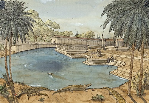 Un'altra ricostruzione di Nemausus romana con i suoi giardini, le fontane e gli specchi d'acqua, habitat perfetto per i coccodrilli